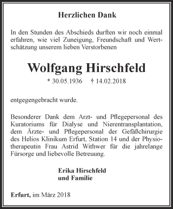 Traueranzeige von Wolfgang Hirschfeld von Thüringer Allgemeine, Thüringische Landeszeitung