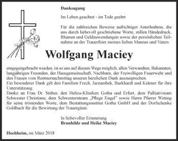Traueranzeige von Wolfgang Maciey von Ostthüringer Zeitung, Thüringische Landeszeitung