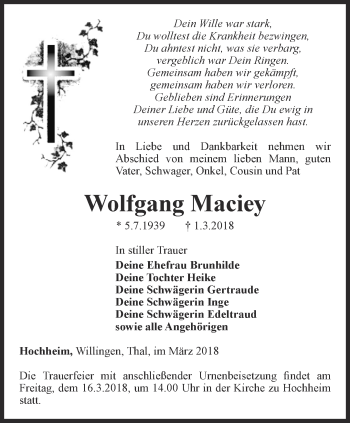 Traueranzeige von Wolfgang Maciey von Ostthüringer Zeitung, Thüringische Landeszeitung