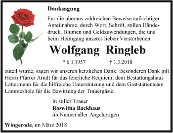 Traueranzeige von Wolfgang Ringleb von Thüringer Allgemeine