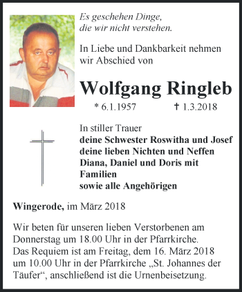 Traueranzeige von Wolfgang Ringleb von Thüringer Allgemeine