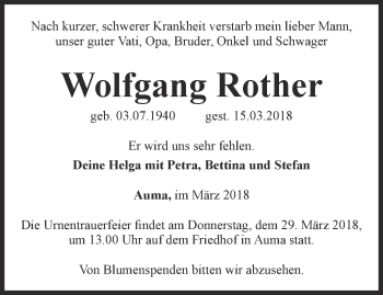 Traueranzeige von Wolfgang Rother von Ostthüringer Zeitung