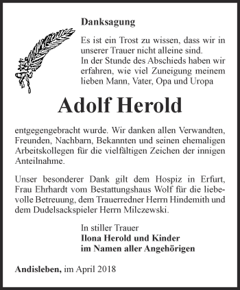 Traueranzeige von Adolf Herold von Thüringer Allgemeine, Thüringische Landeszeitung