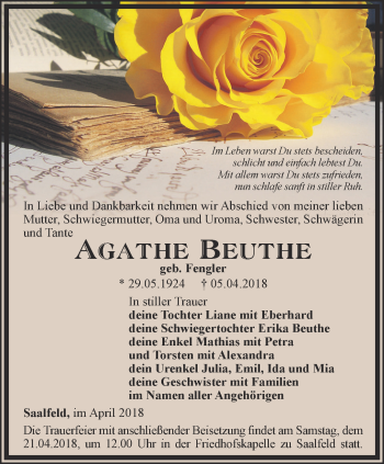 Traueranzeige von Agathe Beuthe von Ostthüringer Zeitung