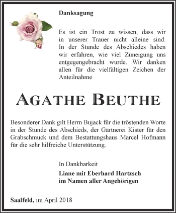 Traueranzeige von Agathe Beuthe von Ostthüringer Zeitung