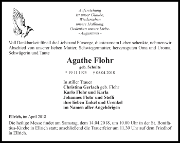 Traueranzeige von Agathe Flohr von Thüringer Allgemeine