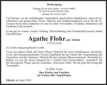 Traueranzeige von Agathe Flohr von Thüringer Allgemeine