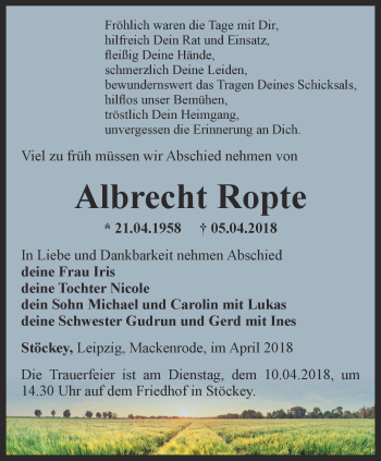 Traueranzeige von Albrecht Ropte von Thüringer Allgemeine