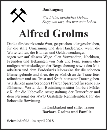 Traueranzeige von Alfred Grolms von Ostthüringer Zeitung