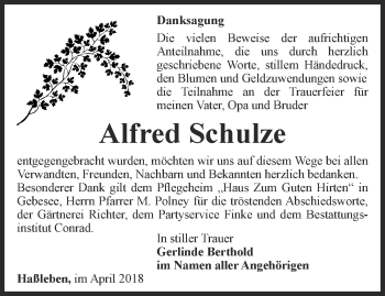 Traueranzeige von Alfred Schulze von Thüringer Allgemeine, Thüringische Landeszeitung