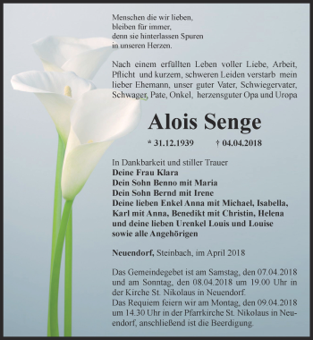 Traueranzeige von Alois Senge von Thüringer Allgemeine