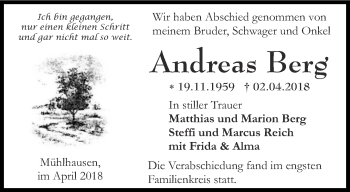 Traueranzeige von Andreas Berg von Thüringer Allgemeine, Thüringische Landeszeitung