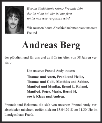 Traueranzeige von Andreas Berg von Thüringer Allgemeine, Thüringische Landeszeitung