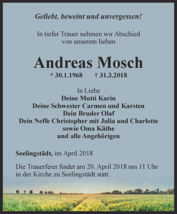 Traueranzeige von Andreas Mosch von Ostthüringer Zeitung