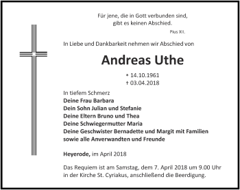 Traueranzeige von Andreas Uthe von Thüringer Allgemeine, Thüringische Landeszeitung