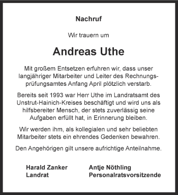 Traueranzeige von Andreas Uthe von Thüringer Allgemeine, Thüringische Landeszeitung