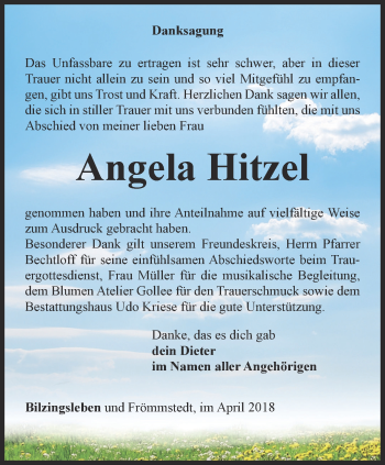 Traueranzeige von Angela Hitzel von Thüringer Allgemeine
