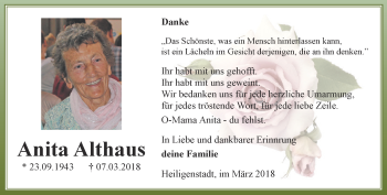 Traueranzeige von Anita Althaus von Thüringer Allgemeine