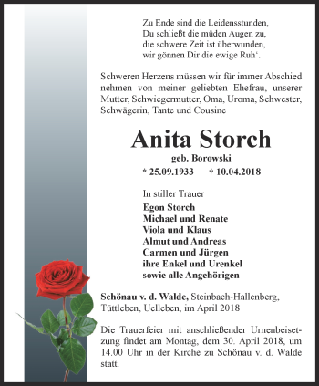 Traueranzeige von Anita Storch von Ostthüringer Zeitung, Thüringische Landeszeitung