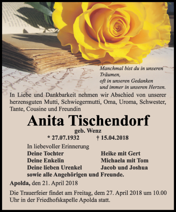 Traueranzeige von Anita Tischendorf von Thüringer Allgemeine, Thüringische Landeszeitung