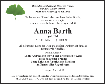 Traueranzeige von Anna Barth