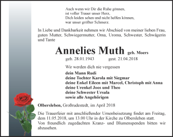 Traueranzeige von Annelies Muth von Thüringer Allgemeine