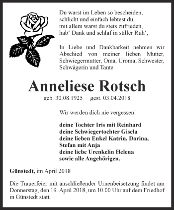 Traueranzeige von Anneliese Rotsch von Thüringer Allgemeine