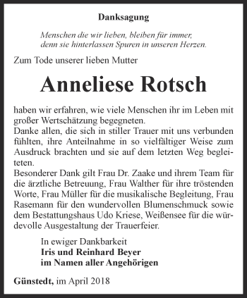 Traueranzeige von Anneliese Rotsch von Thüringer Allgemeine