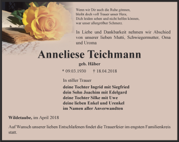 Traueranzeige von Anneliese Teichmann von Ostthüringer Zeitung