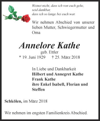 Traueranzeige von Annelore Kathe von Ostthüringer Zeitung