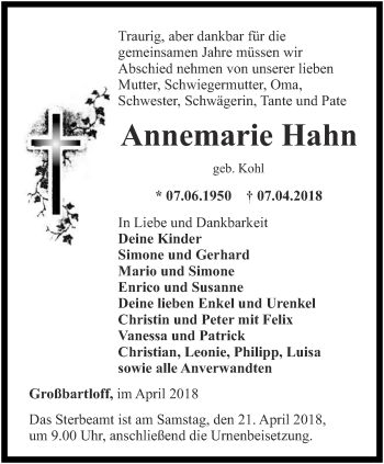 Traueranzeige von Annemarie Hahn von Thüringer Allgemeine