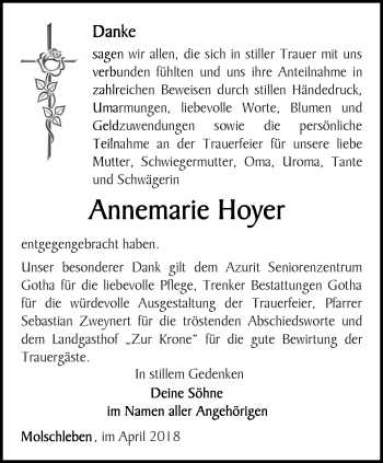 Traueranzeige von Annemarie Hoyer von Ostthüringer Zeitung, Thüringische Landeszeitung