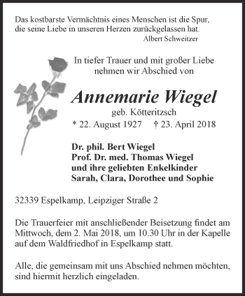 Traueranzeige von Annemarie Wiegel von Ostthüringer Zeitung