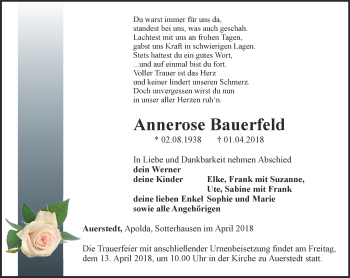 Traueranzeige von Annerose Bauerfeld von Thüringer Allgemeine, Thüringische Landeszeitung