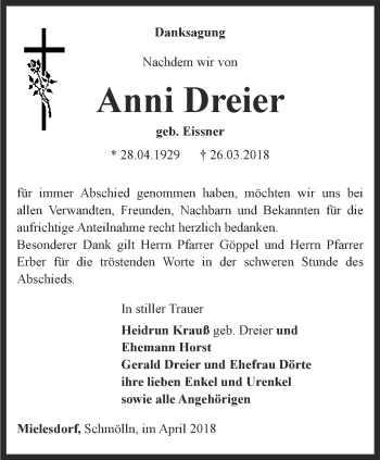 Traueranzeige von Anni Dreier von Ostthüringer Zeitung