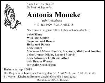 Traueranzeige von Antonia Moneke von Thüringer Allgemeine