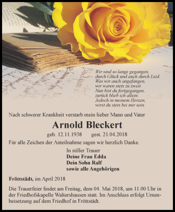 Traueranzeige von Arnold Beckert von Ostthüringer Zeitung, Thüringische Landeszeitung