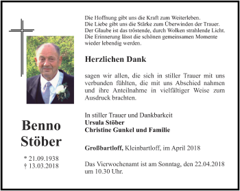 Traueranzeige von Benno Stöber von Thüringer Allgemeine