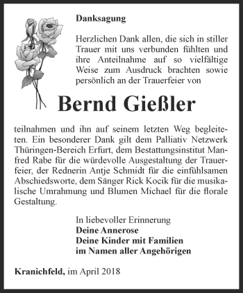 Traueranzeige von Bernd Gießler von Thüringer Allgemeine, Thüringische Landeszeitung