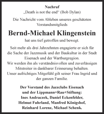 Traueranzeige von Bernd-Michael Klingenstein von Thüringer Allgemeine, Thüringische Landeszeitung