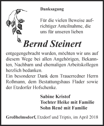 Traueranzeige von Bernd Steinert von Ostthüringer Zeitung