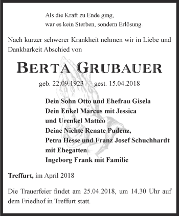 Traueranzeige von Berta Grubauer von Thüringer Allgemeine, Thüringische Landeszeitung