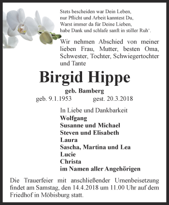 Traueranzeige von Birgid Hippe von Thüringer Allgemeine, Thüringische Landeszeitung