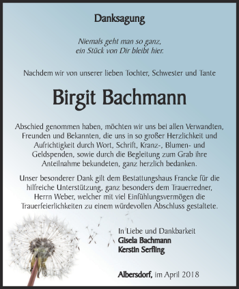 Traueranzeige von Birgit Bachmann von Ostthüringer Zeitung