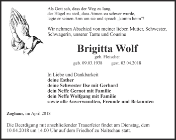 Traueranzeige von Brigitta Wolf