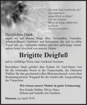 Traueranzeige von Brigitte Deigfuß von Thüringer Allgemeine