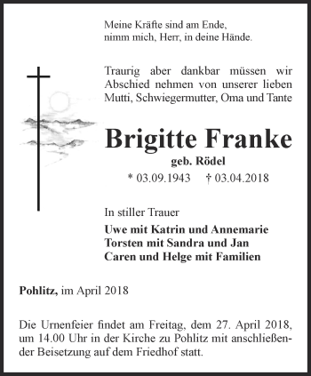 Traueranzeige von Brigitte Franke von Ostthüringer Zeitung