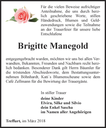 Traueranzeige von Brigitte Manegold von Thüringer Allgemeine, Thüringische Landeszeitung