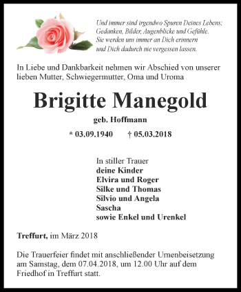 Traueranzeige von Brigitte Manegold von Thüringer Allgemeine, Thüringische Landeszeitung