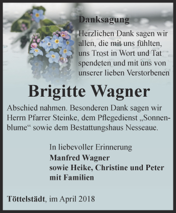 Traueranzeige von Brigitte Wagner von Thüringer Allgemeine, Thüringische Landeszeitung